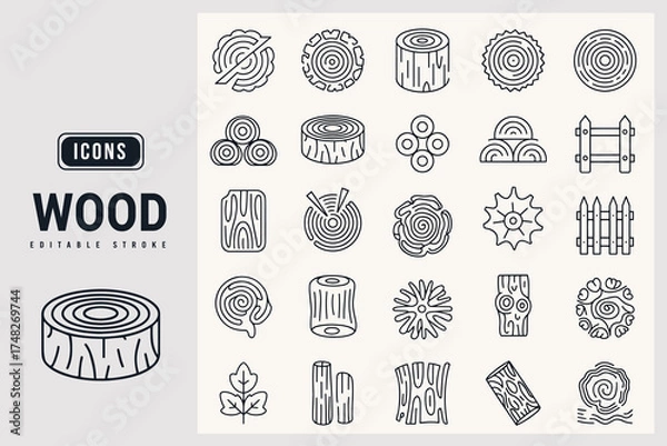 Fototapeta Set of Various Wood Related Vector Icons and Graphics White Background.