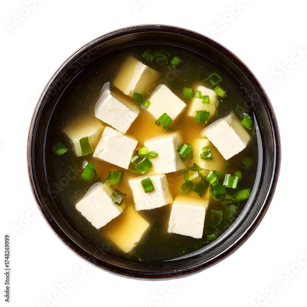 Fototapeta Miso soup bowl with tofu cubes, white isolated background