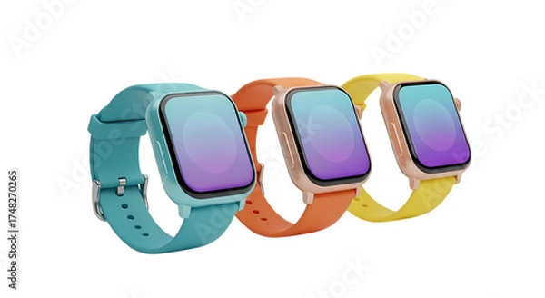 Fototapeta Three colorful smartwatches isolated on transparent background showcasing modern technology design