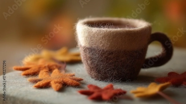 Fototapeta 秋色フェルト葉に囲まれたツートンマグカップ