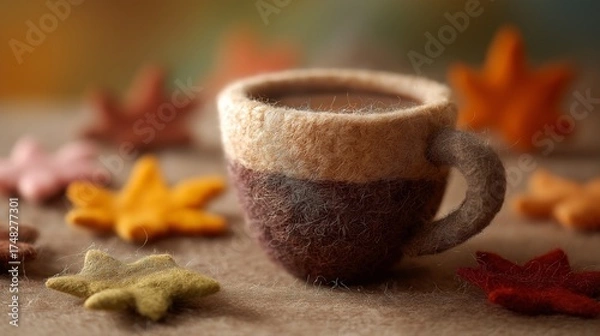 Fototapeta 多彩なフェルト葉に囲まれたミニマグカップの温かみ