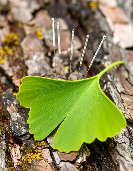 Obraz Ginkgo leaf with acupuncture needles