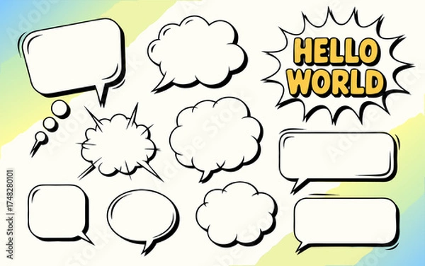 Fototapeta A vibrant collection of speech bubbles and comic book elements, featuring diverse shapes and styles, including cloudlike formations and starbursts, set against a soft, gradient background