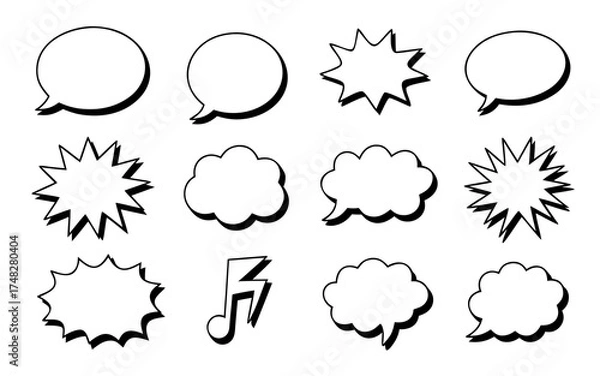 Fototapeta A set of black and white speech bubbles isolated on white background, showcasing various shapes and styles, including cloudlike forms, starbursts, and a musical note