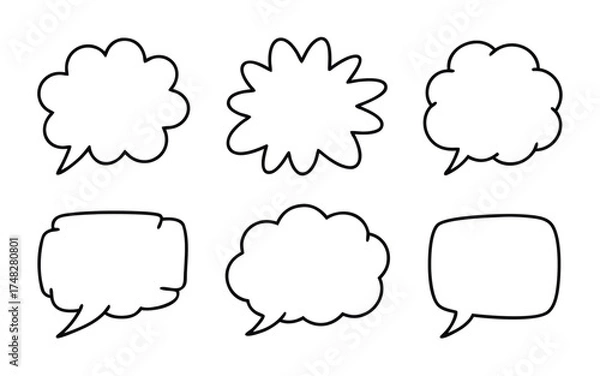 Fototapeta A collection of six speech bubbles isolated on white background, each with a unique shape and design, offering a variety of options for representing dialogue or thoughts in visual media