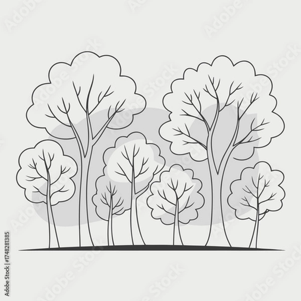Fototapeta A serene illustration of a group of trees with bare branches, depicted in a minimalist black and white style, isolated on white background, evoking a sense of tranquility and simplicity