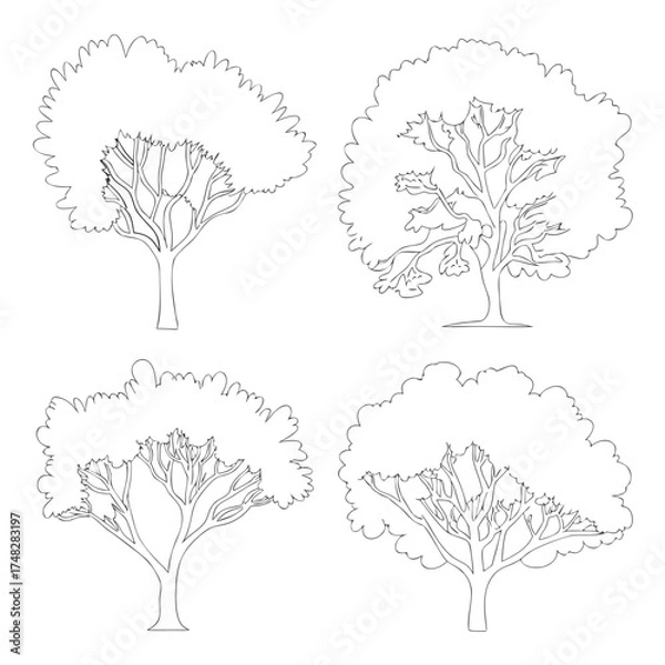 Fototapeta A captivating sketch showcases four distinct tree silhouettes, each rendered with delicate lines and intricate details, creating a harmonious blend of nature and artistic expression isolated on white 
