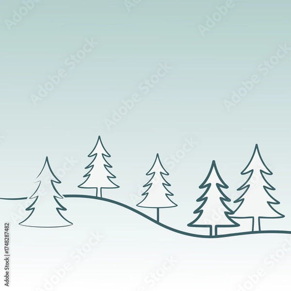Fototapeta A serene winter landscape featuring stylized evergreen trees silhouetted against a soft, gradient sky, evoking a sense of calm and simplicity in a minimalist design isolated on white background