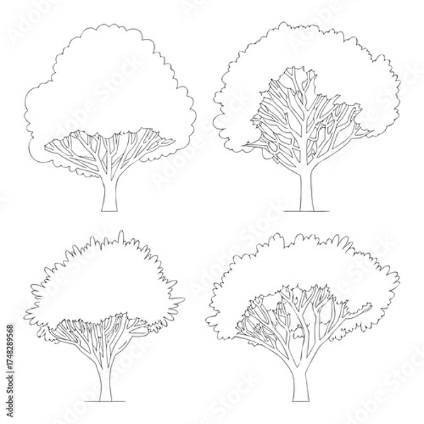 Fototapeta A captivating sketch presents four distinct tree silhouettes, each rendered with delicate lines and intricate details, creating a harmonious blend of nature and artistic expression isolated on white b