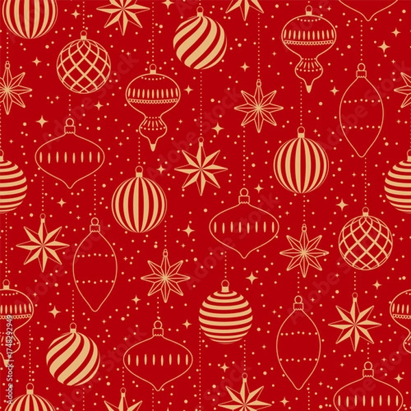 Fototapeta Christmas vector seamless pattern with golden Christmas tree baubles on a red background. Festive illustration for gift wrapping paper, fabric, clothing, textiles, surface textures, and scrapbooks.