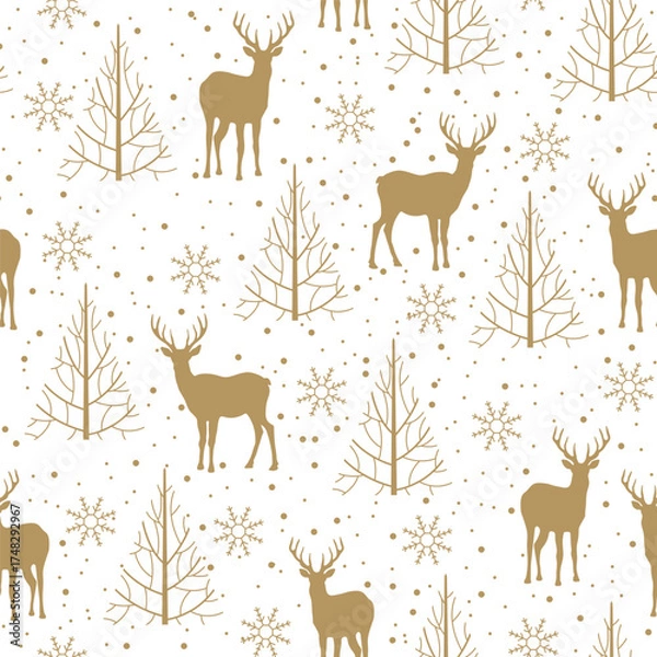 Fototapeta Christmas vector seamless pattern with golden deer and fir trees on a white background. Festive illustration for gift wrapping paper, fabric, clothing, textiles, surface textures, and scrapbooks.