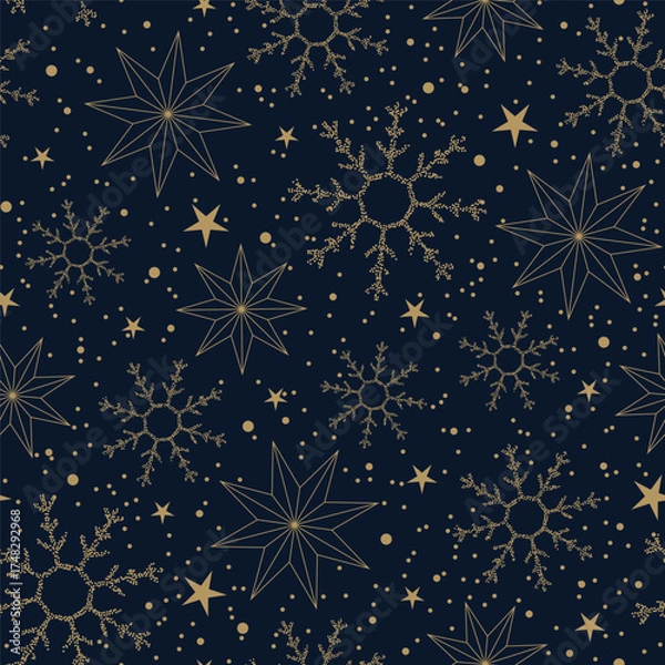 Fototapeta Christmas vector seamless pattern with snowflakes and stars on a blue background. Festive illustration for gift wrapping paper, fabric, clothing, textiles, surface textures, and scrapbooks.
