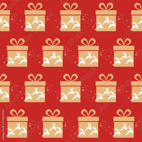 Fototapeta Christmas vector seamless pattern with deer and gifts. Festive illustration for gift wrapping paper, fabric, clothing, textiles, surface textures, and scrapbooks.