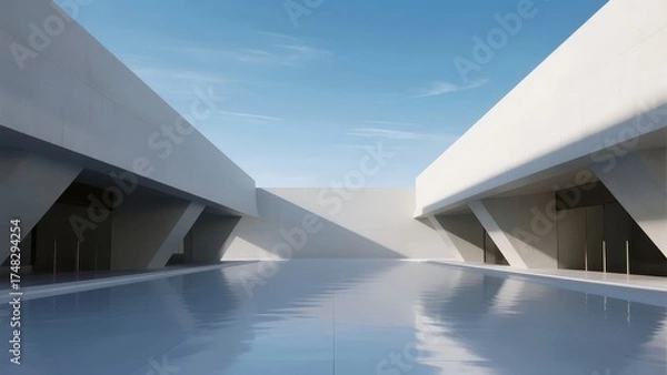Obraz Modern architectural structure with reflective water pool and angular white buildings under clear sky