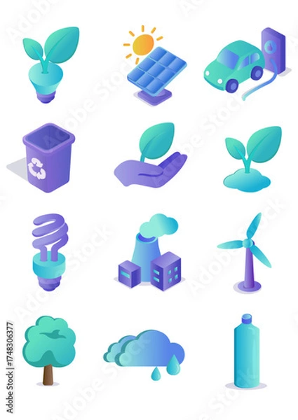 Obraz Eco Technology Isometric Icons Set - Renewable Energy, Sustainability and Green Future Concept