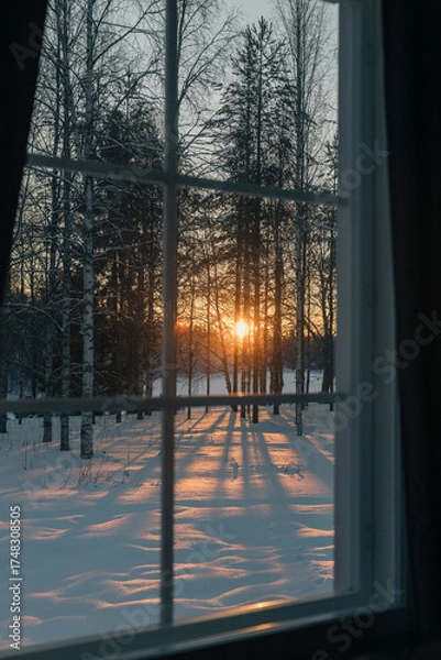 Fototapeta Winter sunset shining through window on snowy landscape