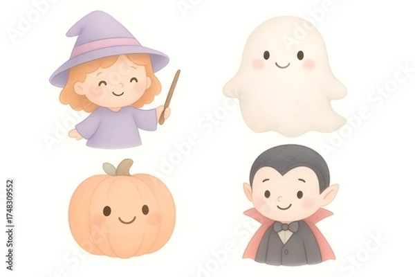 Obraz Cute pastel Halloween set with smiling witch girl, ghost, pumpkin, and vampire boy in soft clay style, charming characters isolated on white for kids designs.