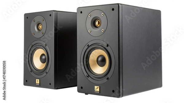 Obraz Pair of black bookshelf speakers with gold accents, isolated on transparent background