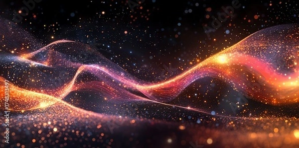 Fototapeta Abstract Vibrant Light Waves with Sparkling Particles in Dark Background