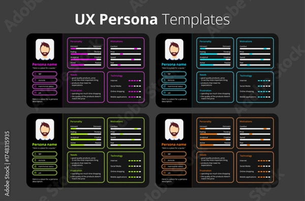 Fototapeta UX persona templates, perfect for UX/UI designers, product managers, and researchers. Ideal for presentations, workshops, and usability projects.