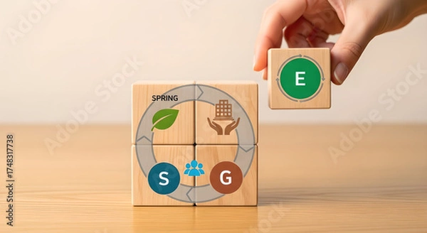 Fototapeta ESG Environmental Social Governance Strategy Wooden Blocks Copy Space