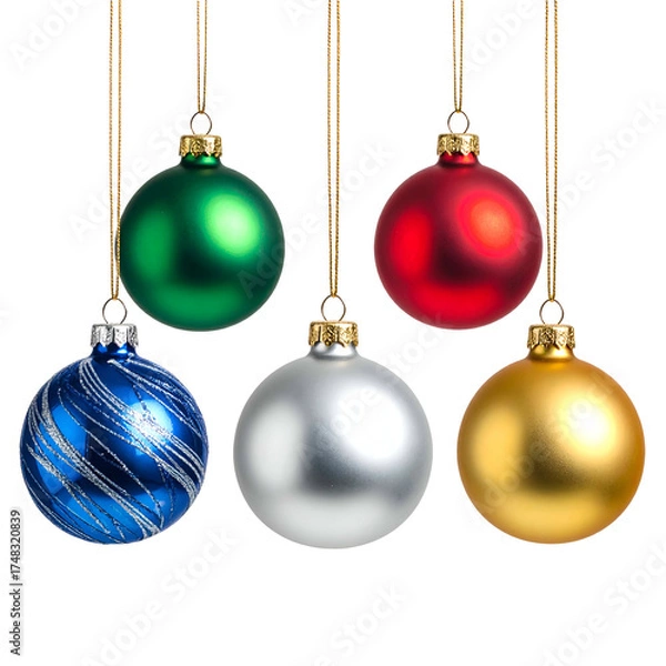 Obraz Five colorful, round ornaments hanging by gold strings against a black background