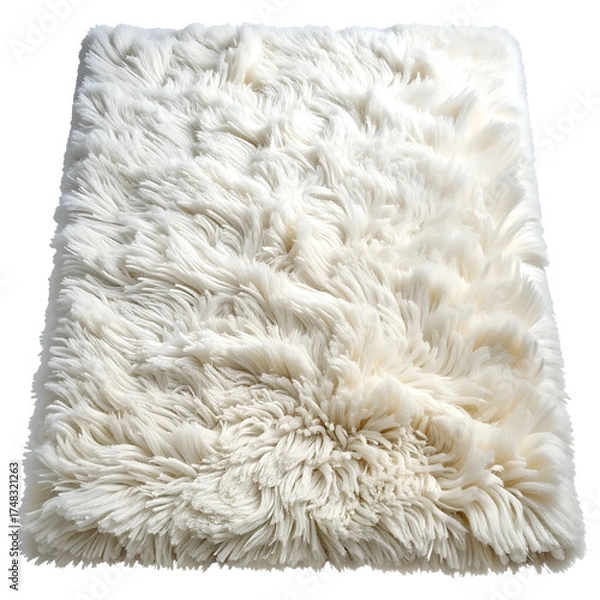 Fototapeta A fluffy, rectangular, ivory-colored faux fur rug rests on a black background, with detailed texture