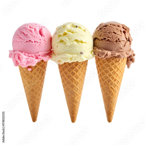 Fototapeta Three ice cream cones, strawberry, pistachio, and chocolate, isolated against a black background