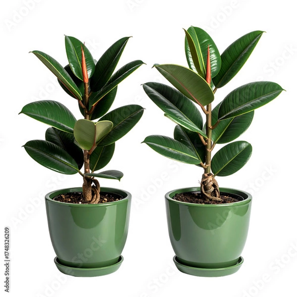 Obraz Two identical rubber plants in green ceramic pots, isolated on a black background
