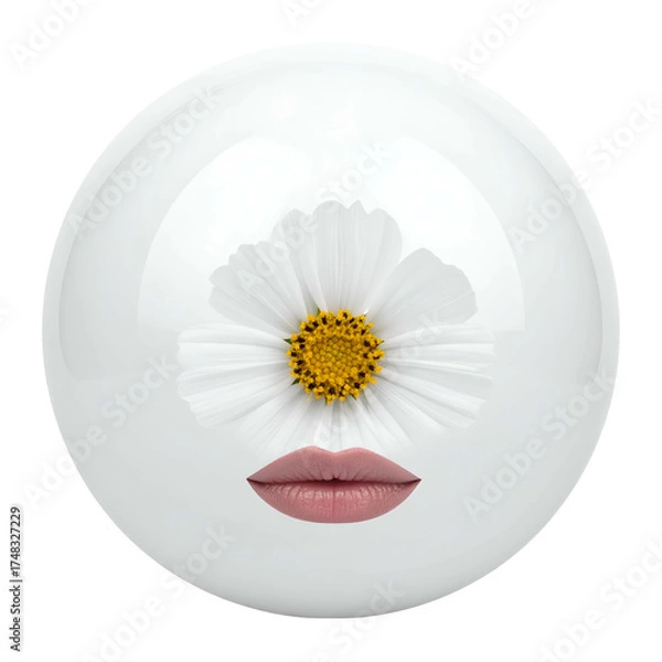 Fototapeta A white sphere with a daisy eye and soft lips. Surreal and minimalistic