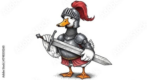 Obraz A gallant duck, clad in shining armor and helmet with plume, holding a broadsword