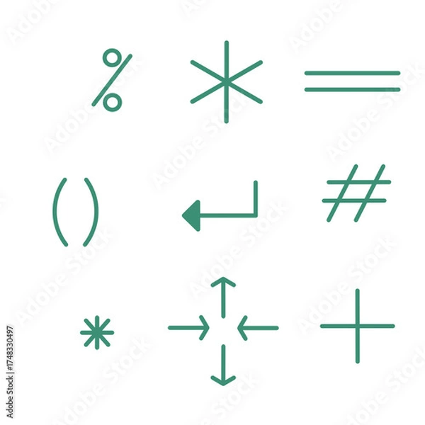 Fototapeta Doodle icon sign set mathematic and computer symbol  illustration with green colorful color that can be use for social media, sticker, wallpaper, decoration, card, e.tc..