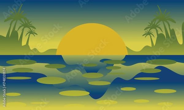 Fototapeta Vibrant Water Hyacinths Floating on Serene Lake, Nature Scenery Illustration