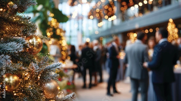 Obraz Blurred shot of business people at Christmas holiday party in office center 