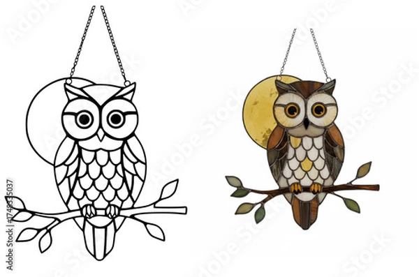 Fototapeta Owl Stained Glass Suncatcher – Brown Owl on Branch with Moon Window Hanging