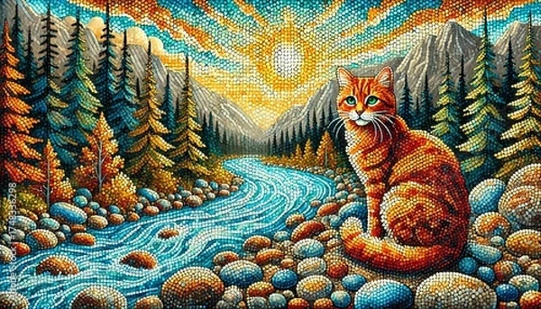 Fototapeta Vibrant mosaic-style artwork featuring an orange tabby cat with green eyes sitting on a rocky riverbank