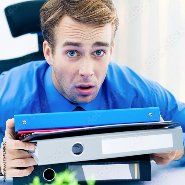Fototapeta Image of  young man in blue shirt tie looks surprised, holding stack of binders in office. His wide eyes and raised eyebrows suggest stress or confusion, hinting at busy overwhelming workload