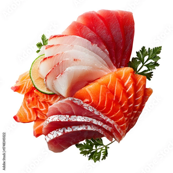 Fototapeta Sashimi slices arranged, white isolated background