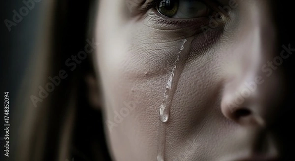 Fototapeta Close-up of a woman's face with a tear rolling down her cheek, conveying sadness and emotion.