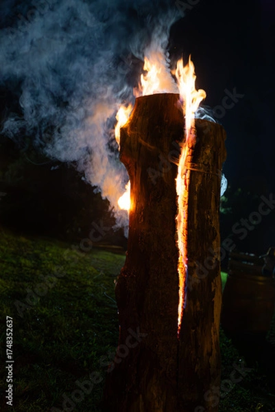 Fototapeta The raw elemental force of fire. Intense orange flames and thick smoke erupt from a split log, providing warmth and light in the darkness of the woods.