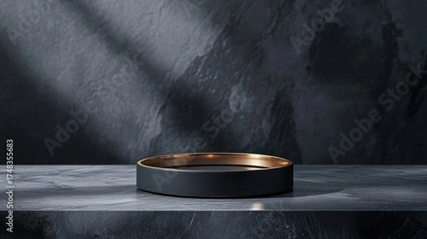 Fototapeta Dark marble platform, golden ring, shadow background, product display