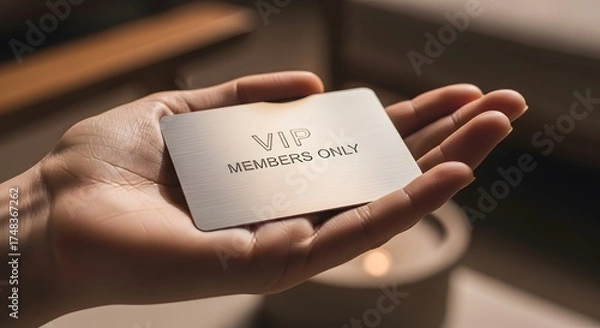 Fototapeta Open palm holding a silver vip members only card with soft lighting