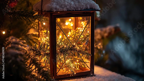 Fototapeta Cozy lantern glowing in snow with warm festive lights