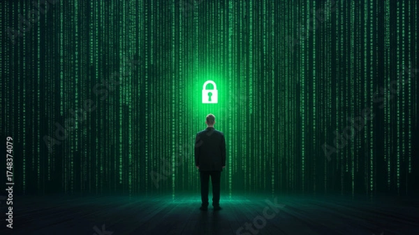 Obraz Green background for cyber security concept  man with glowing lock 