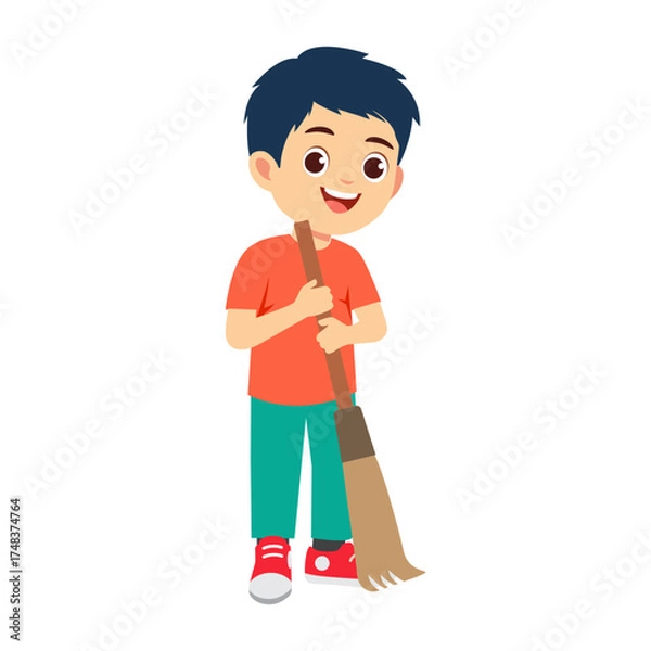 Fototapeta Vector illustration of a boy sweeping floor with broom