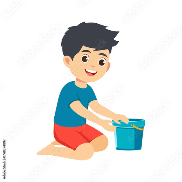 Fototapeta Vector illustration of a boy playing with bucket