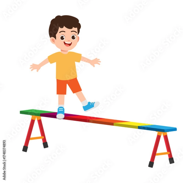 Fototapeta Vector cartoon illustration of boy balancing on a beam