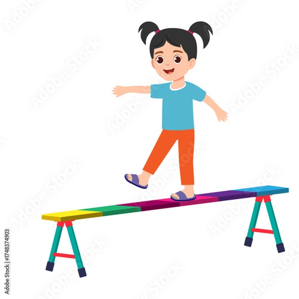 Fototapeta Vector cartoon illustration of girl balancing on a beam