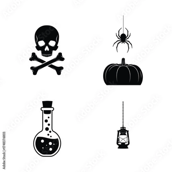 Obraz Vector art of halloween silhouettes skull, spider, pumpkin, poison, and lantern create a spooky and eerie atmosphere for the holiday
