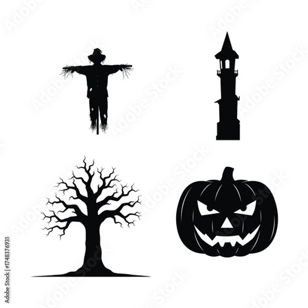 Obraz Vector art of halloween silhouettes scarecrow, spooky tree, haunted tower, and carved pumpkin create a festive and eerie atmosphere